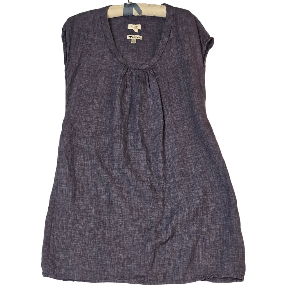 Malvin Hamburg Germany Navy Blue Linen Shift Dress XL Pockets Cap Sleeve Pleated